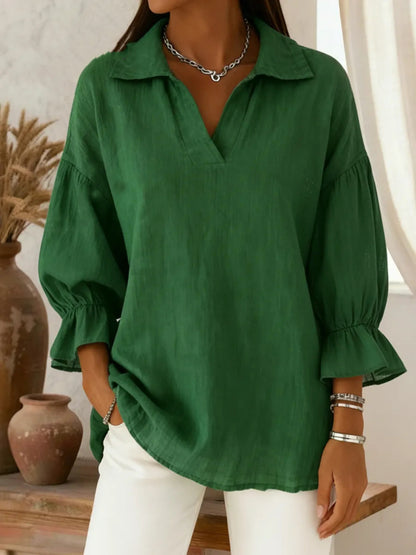 Oversized Collared V-Neck Blouse Ruffle Sleeve Casual Top