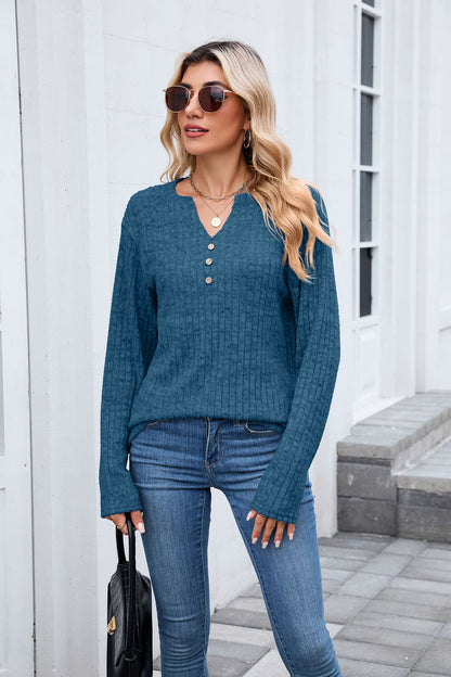 Women's Waffle Knit V Neck Button Long Sleeve Oversized Top
