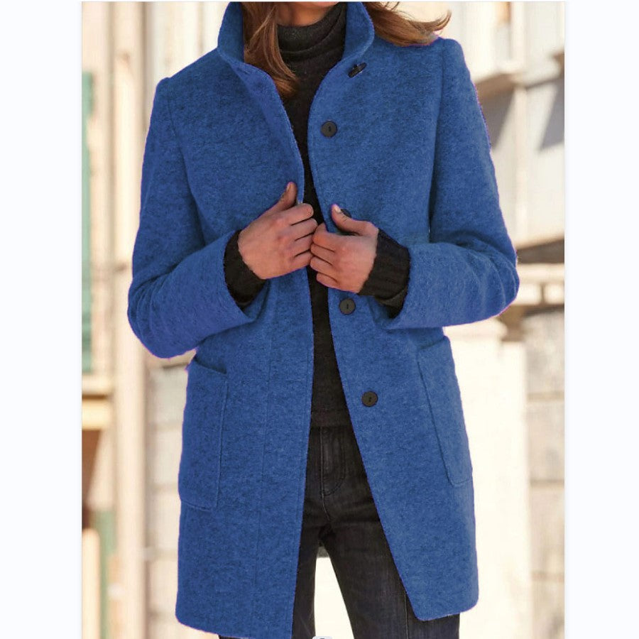 Women's Vintage Wool Blend Button Front Stand Collar Coat