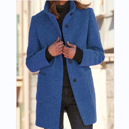 Women's Vintage Wool Blend Button Front Stand Collar Coat