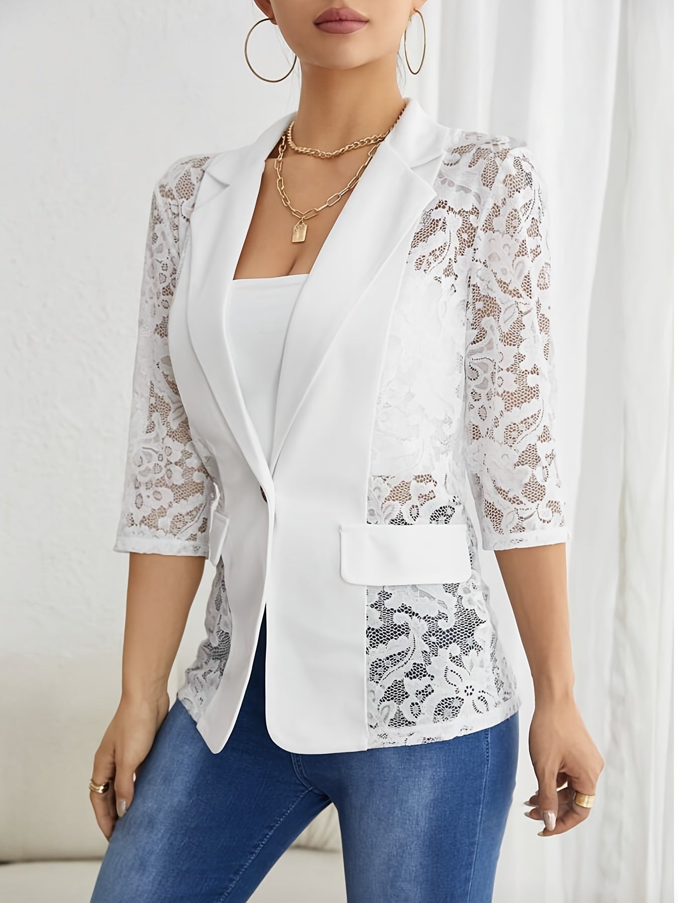 Stylish 3/4 Sleeve Blazer with Sheer Lace Detail