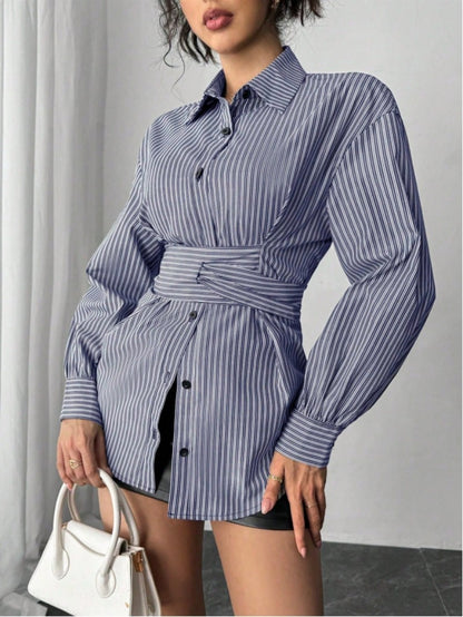 Women's Striped Tie Waist Long Sleeve Button Down Shirt