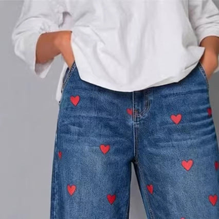 Women's Heart Print Baggy Cropped Denim Jeans
