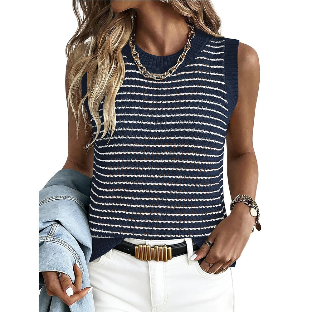 Striped Knit Sleeveless Tank Top Hollow Summer Sweater