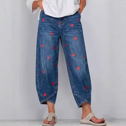 Women's Heart Print Baggy Cropped Denim Jeans
