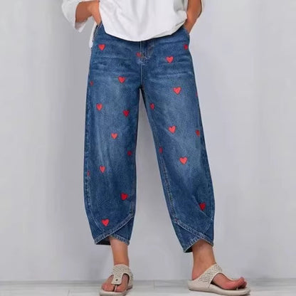 Women's Heart Print Baggy Cropped Denim Jeans