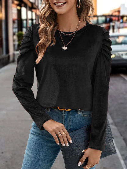 Women's Velvet Ruched Puff Sleeve Crew Neck Top