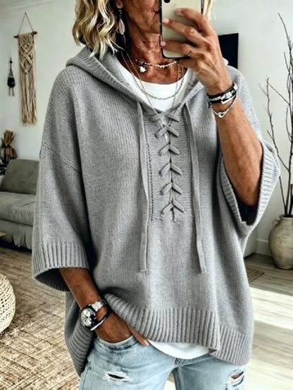 Womens Oversized Hooded Sweater Lace-Up 3/4 Sleeve Pullover