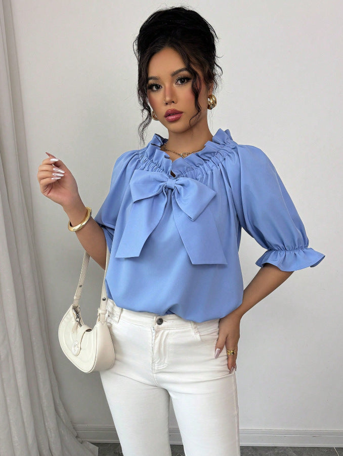 Bow Tie Ruffle Neck Blouse Puff Sleeve Dressy Casual Top