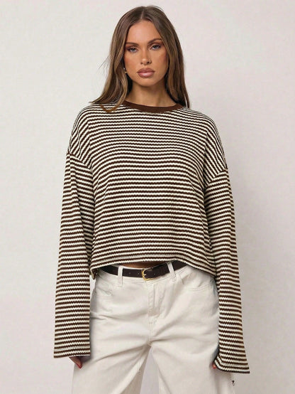 Brown Striped Long Sleeve Knit Top Oversized Casual Tee