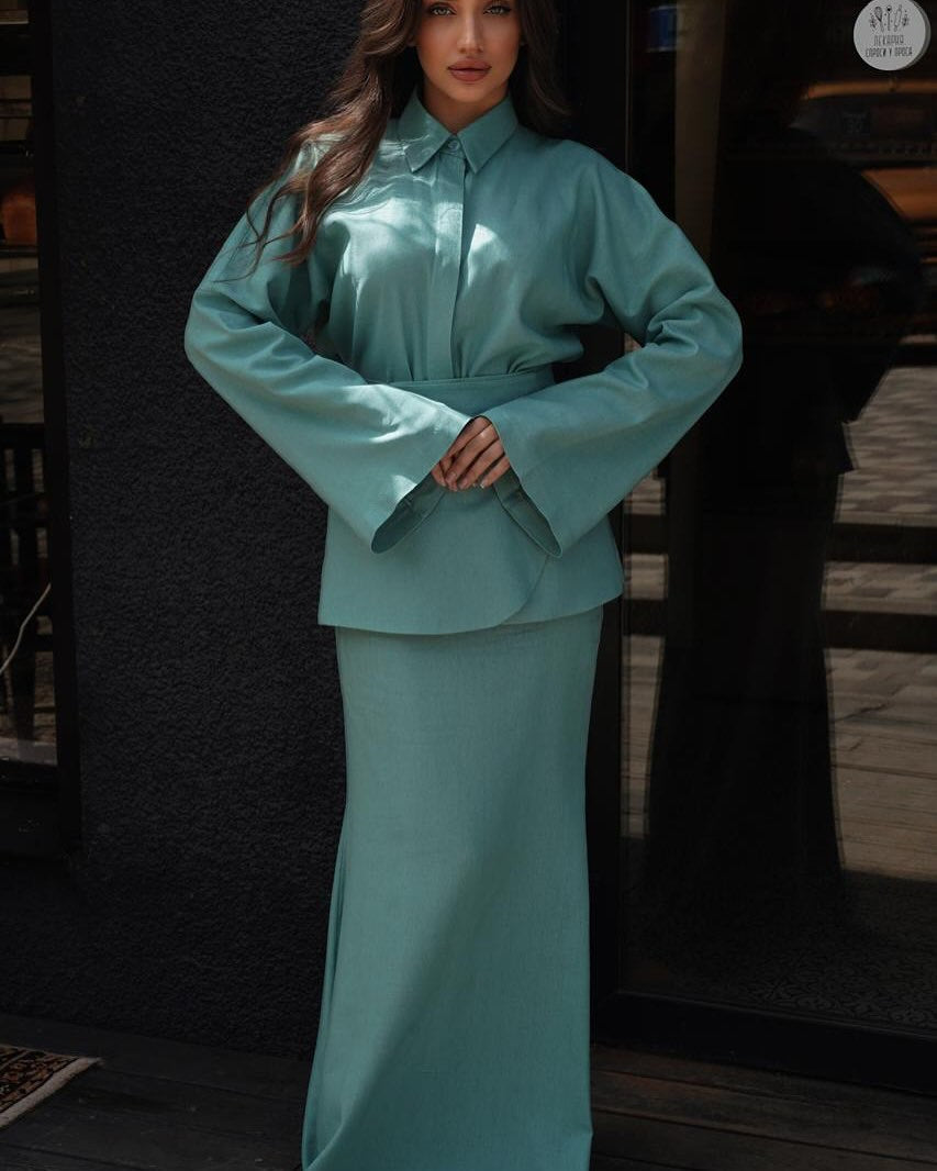 Women's Elegant Collared Long Sleeve 3 Piece Maxi Skirt Set