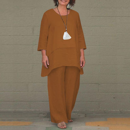 Linen Blend Two Piece Set Wide Leg Pants Plus Size Solid