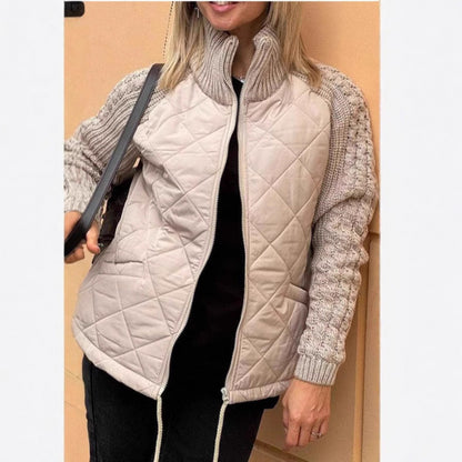 Women's Quilted Zip Jacket Cable Knit Sleeve Stand Collar
