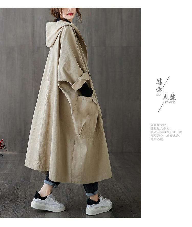 Women's Oversized Hooded Long Trench Coat Pockets