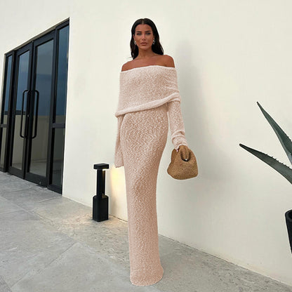 Sexy Off Shoulder Knit Maxi Dress Backless Long Sleeve