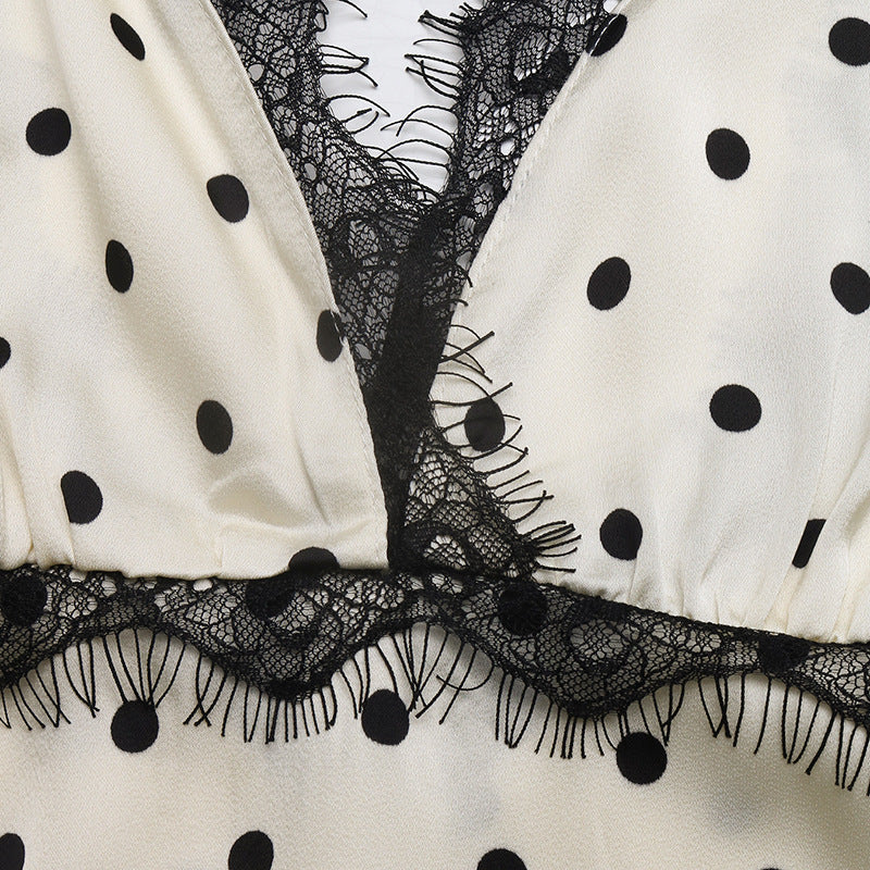 Vintage French Style Polka Dot Lace Splice Deep V Back Dress