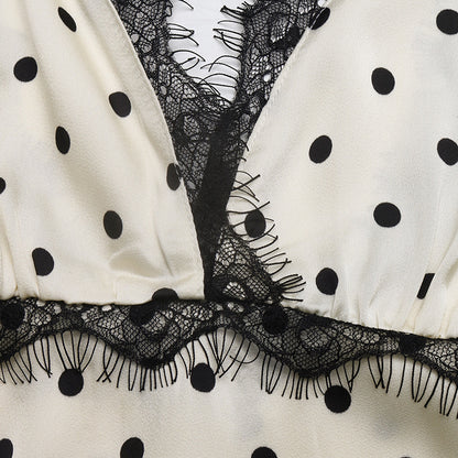 Vintage French Style Polka Dot Lace Splice Deep V Back Dress
