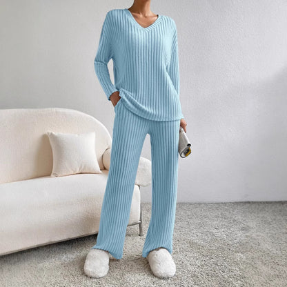 Women's Ribbed Knit V-Neck Two-Piece Lounge Set
