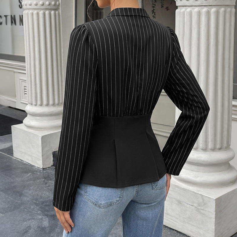 Striped Button Peplum Shirt Slim Fit Long Sleeve Blouse