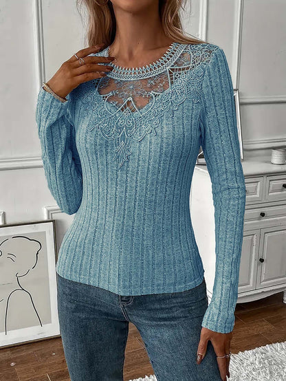 Women's Lace Panel Ribbed Long Sleeve Top
