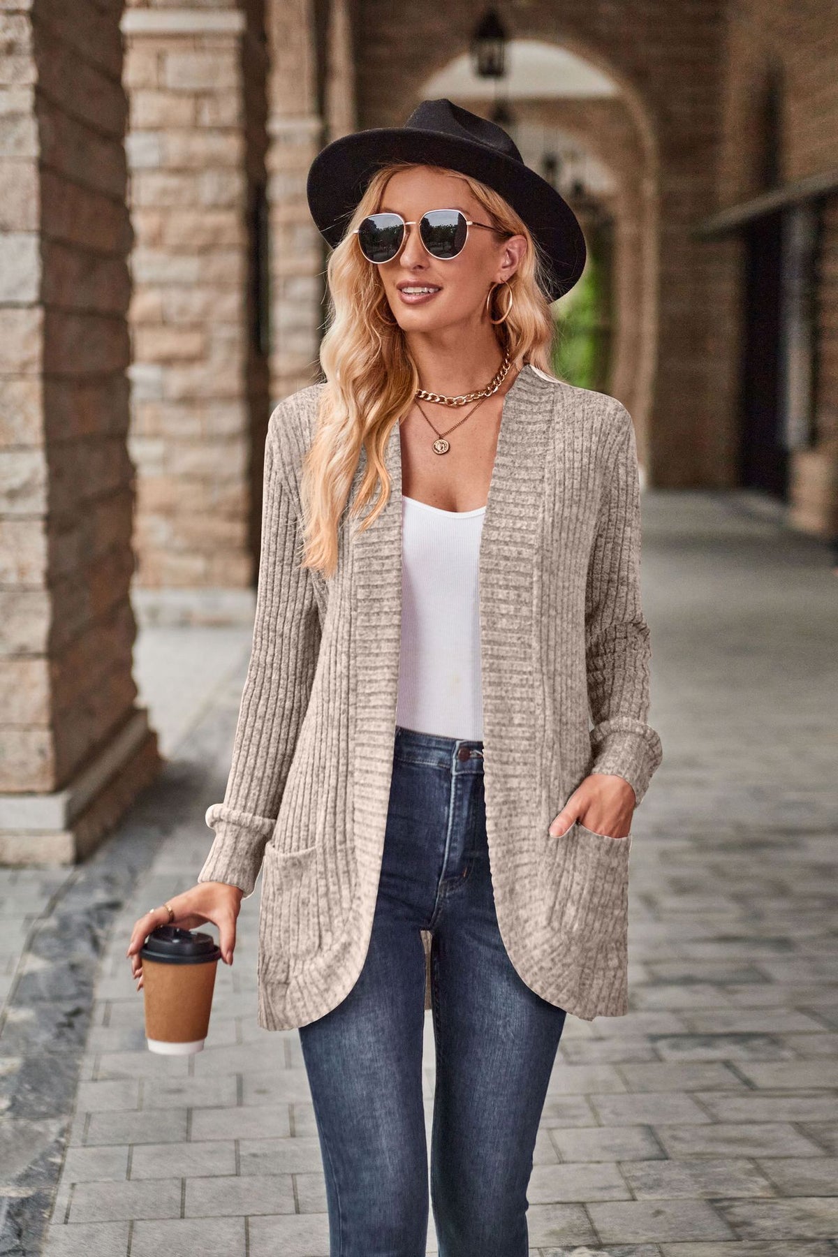 Women's Ribbed Open Front Cardigan with Pockets