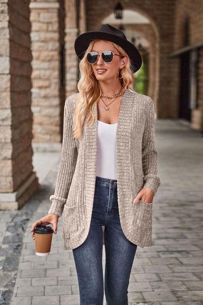 Women's Ribbed Open Front Cardigan with Pockets
