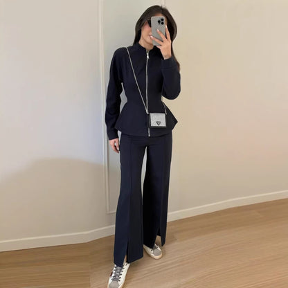 Women's 2 Piece Zip Up Cinched Waist Wide Leg Pants Set
