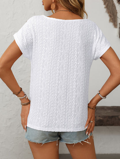 Hollow Out Button Shoulder Short Sleeve Eyelet Tee Top