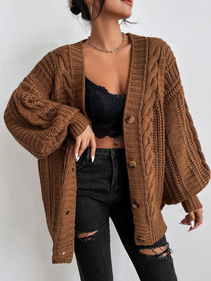 Women's V Neck Cable Knit Lantern Sleeve Cardigan
