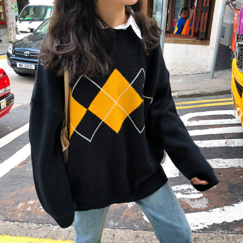Women's Oversized Argyle Crew Neck Sweater