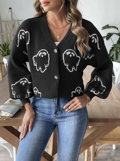 Halloween Ghost Print V-Neck Cardigan | Cozy Knit Sweater