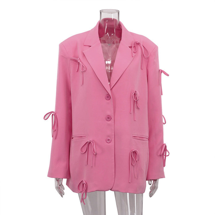 Women's Pink Bow Detail Oversized Casual Blazer