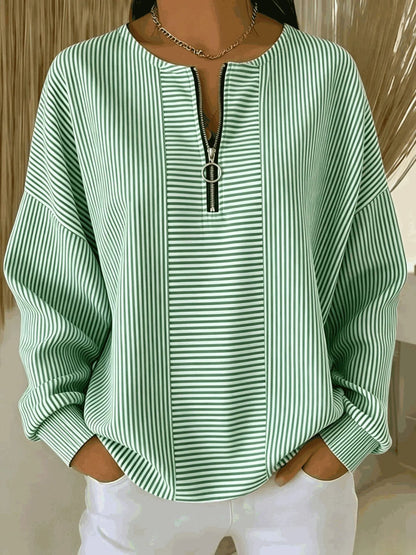 Women's Oversized Striped Half Zip Long Sleeve Top