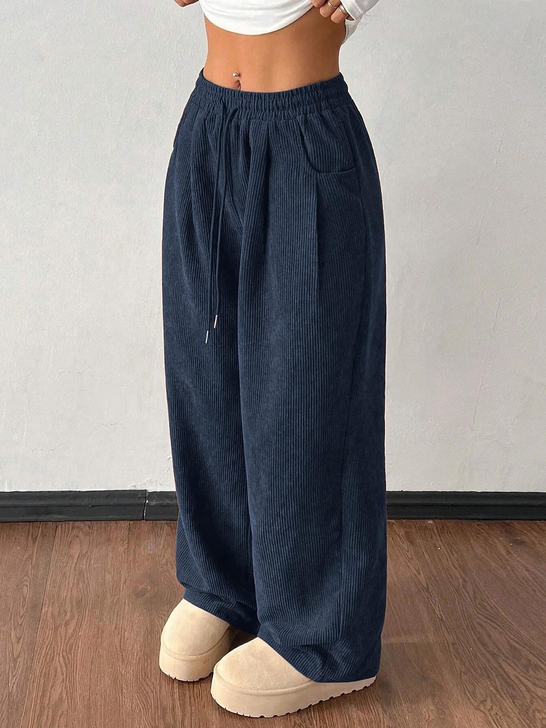 Women's Corduroy Wide Leg Pants Elastic Waist Drawstring