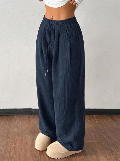 Women's Corduroy Wide Leg Pants Elastic Waist Drawstring