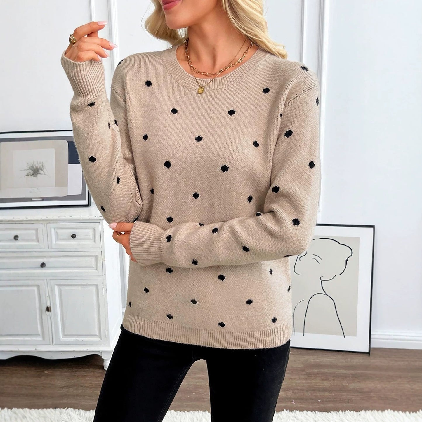 Women's Polka Dot Crew Neck Pullover Knit Sweater