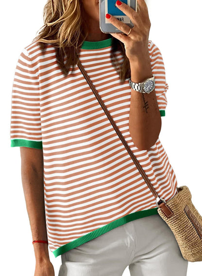 Red Stripe Contrast Trim Short Sleeve Knit Tee