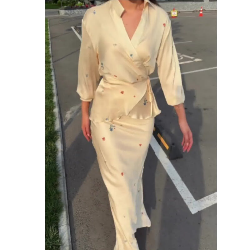 Women's Satin Floral Wrap Top and Maxi Skirt Set