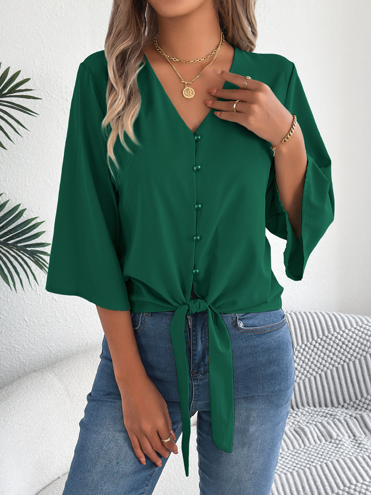 Women's V Neck Button Down Tie Front 3/4 Sleeve Blouse