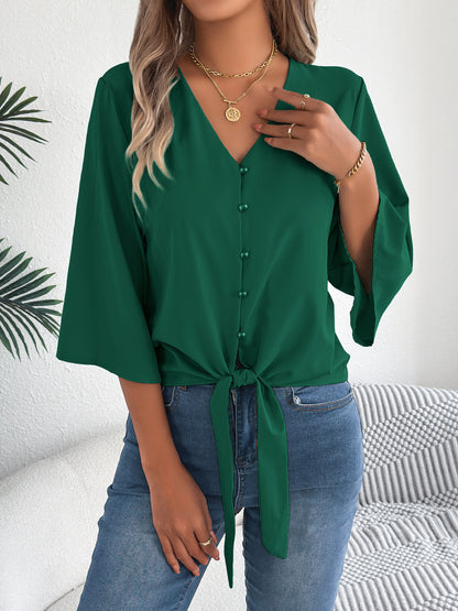 Women's V Neck Button Down Tie Front 3/4 Sleeve Blouse