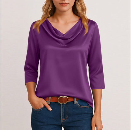 Women's Satin Cowl Neck Blouse 3/4 Sleeve Top