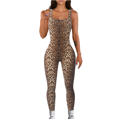 Women's Animal Print Square Neck Backless Bodycon Jumpsuit