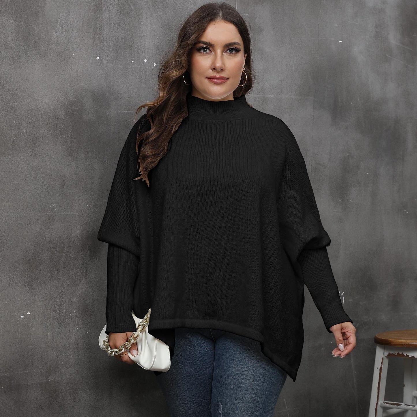 Women's Loose Split Bat Sleeve Semi-turtleneck Sweater