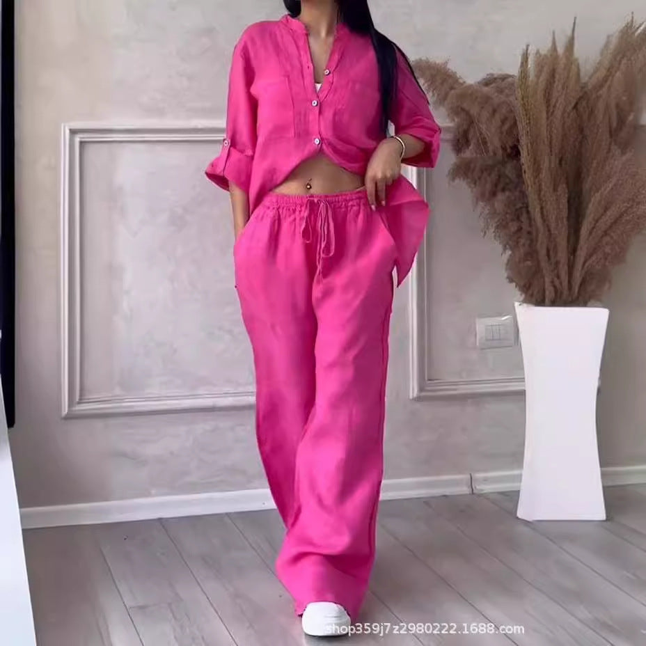 Women's Linen Shirt and Wide Leg Pants Matching Set