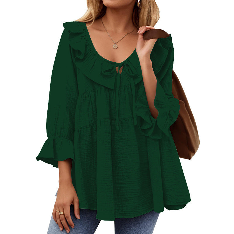 Women's Boho Ruffled Tie Front Tiered Bell Sleeve Top