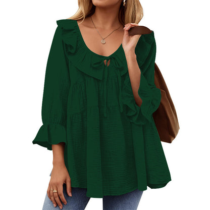 Women's Boho Ruffled Tie Front Tiered Bell Sleeve Top