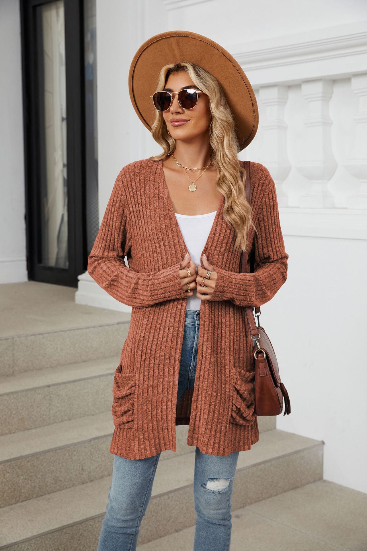 Orange red Ribbed Knit Long Sleeve Cardigan with Side Pockets
