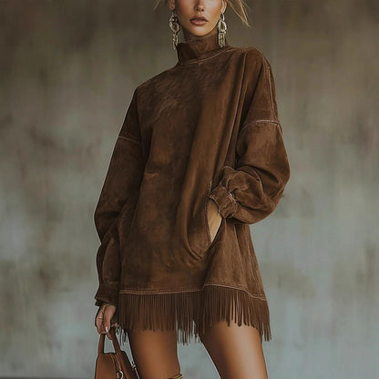 Oversized Mock Neck Suede Fringe Dress Pockets