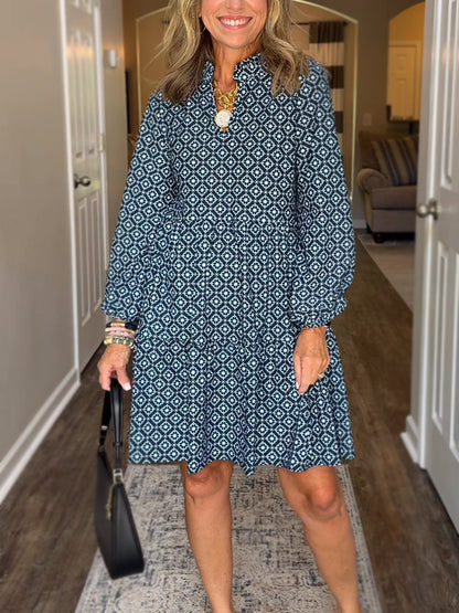 Women's Geometric V-Neck Midi Dress 3/4 Sleeve Flowy Casual