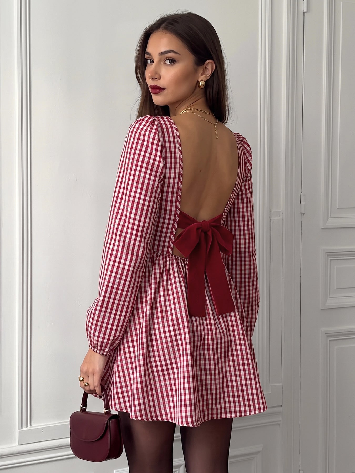 Gingham Bow Back Long Sleeve Christmas Mini Dress
